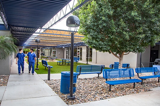 Two male students in blue scrubs walking on the sidewalk in the outdoor portion of the campus