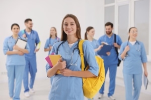 Group of medical students with backpacks